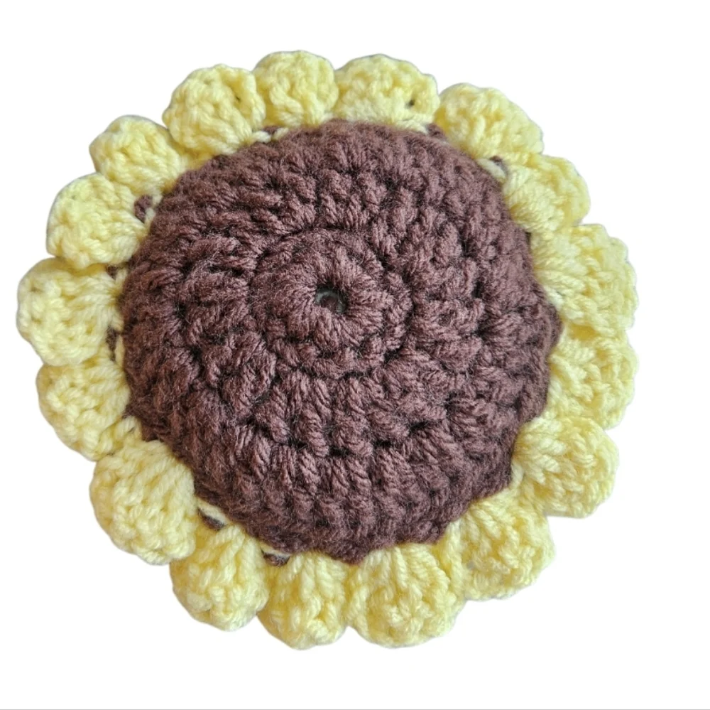 Hand Crafted Yellow Brown Boho Crochet Sunflower Brooch Floral Pin Bag Charm 6